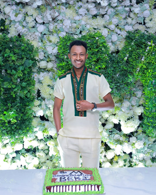 Dark Green Luxury Habesha Men’s Shirt | Ethiopian Cultural Wear