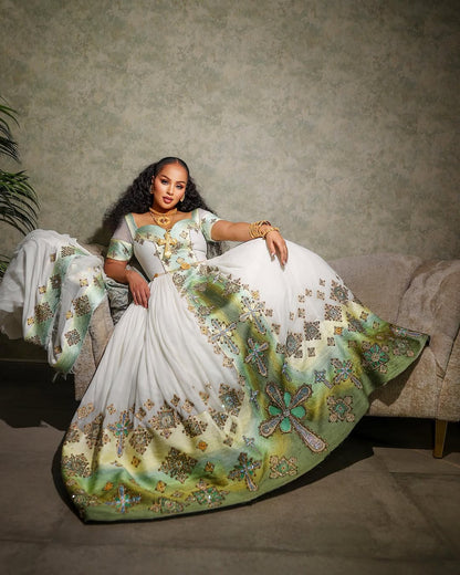 Green Habesha Kemis Dress | Handmade Ethiopian Zuria Outfit
