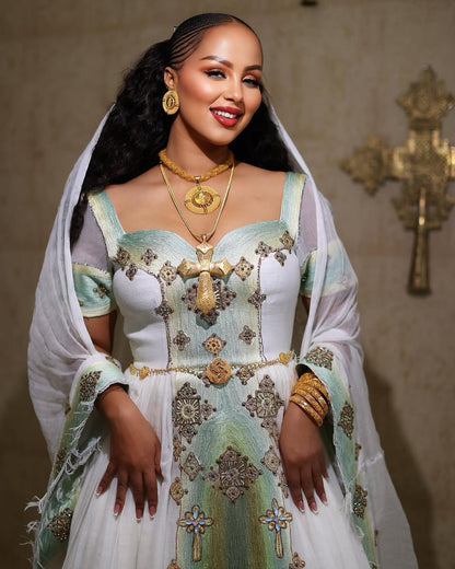 Green Habesha Kemis Dress | Handmade Ethiopian Zuria Outfit