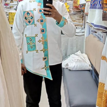 Light Green Habesha Men’s Shirt | Modern Ethiopian Traditional Wear