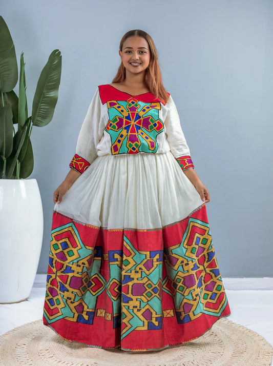 Red & Multicolor Geometric Tibeb Habesha Dress | Elegant Ethiopian Kemis