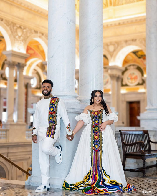 Colorful Habesha Couples Outfit | Luxury Ethiopian Wedding Set