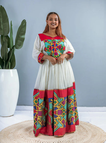 Red & Multicolor Geometric Tibeb Habesha Dress | Elegant Ethiopian Kemis