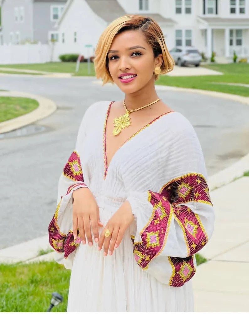 Burgundy Menen Zuria Habesha Kemis | Ethiopian Eritrean Dress