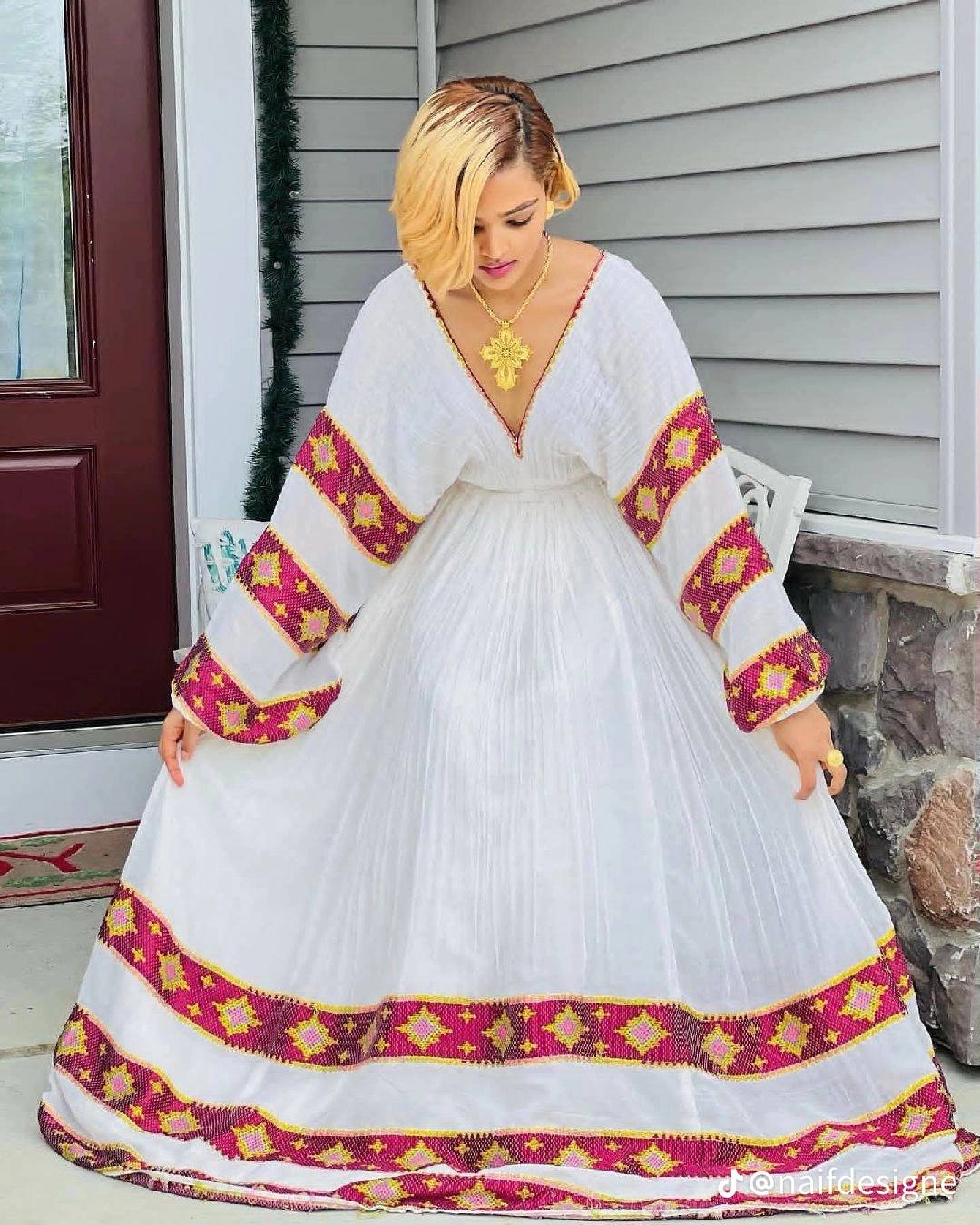 Burgundy Menen Zuria Habesha Kemis | Ethiopian Eritrean Dress