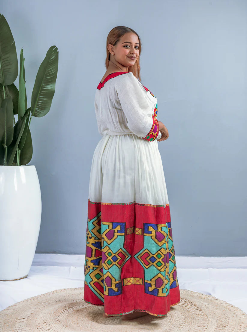 Red & Multicolor Geometric Tibeb Habesha Dress | Elegant Ethiopian Kemis