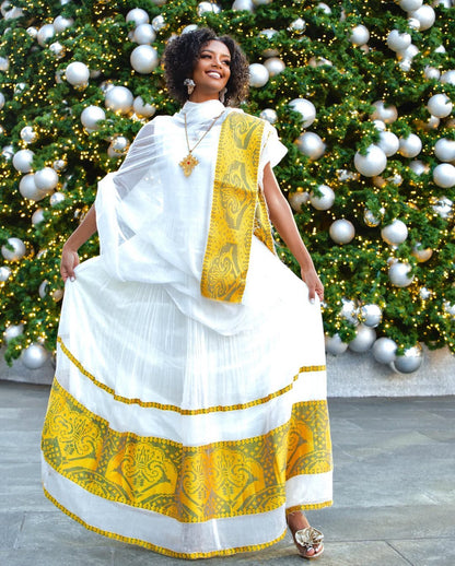 Yellow Zuria Tibeb Habesha Kemis | Ethiopian Cultural Dress