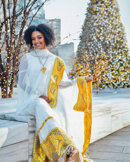 Yellow Zuria Tibeb Habesha Kemis | Ethiopian Cultural Dress