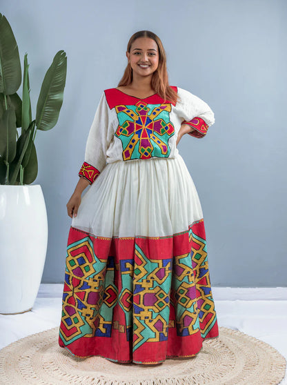 Red & Multicolor Geometric Tibeb Habesha Dress | Elegant Ethiopian Kemis