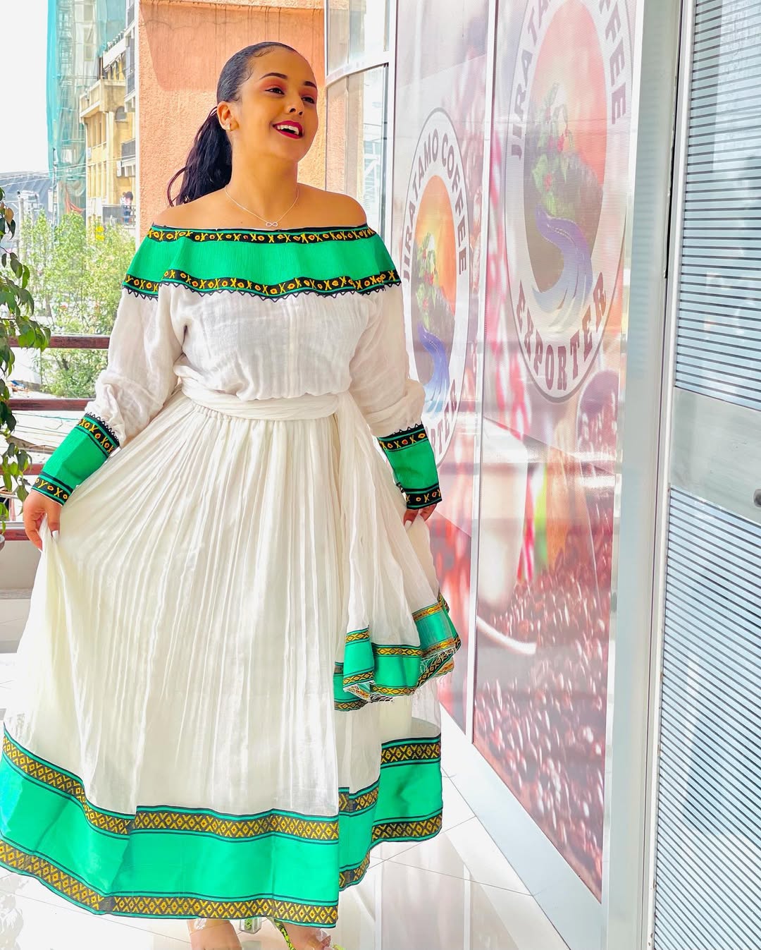 Custom Green Menen Zuria Habesha Kemis with Tilf Embroidery