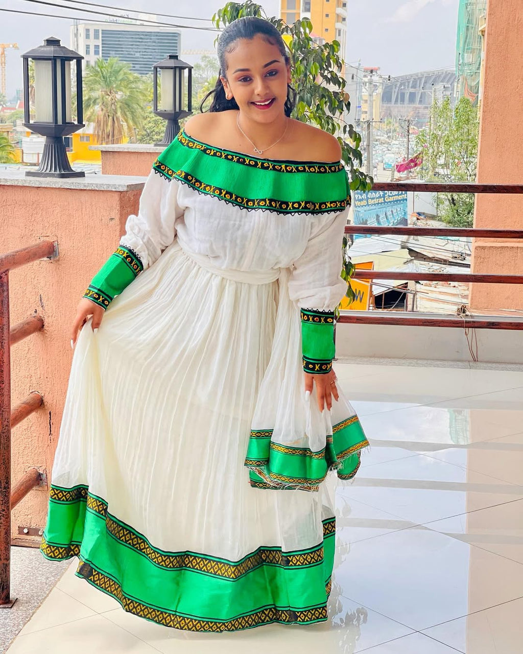 Custom Green Menen Zuria Habesha Kemis with Tilf Embroidery