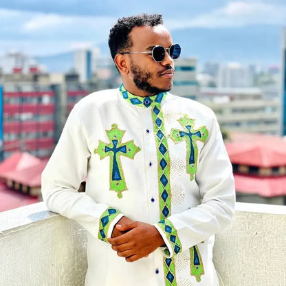 Green Habesha Men’s Shirt | Modern Ethiopian Traditional Wear