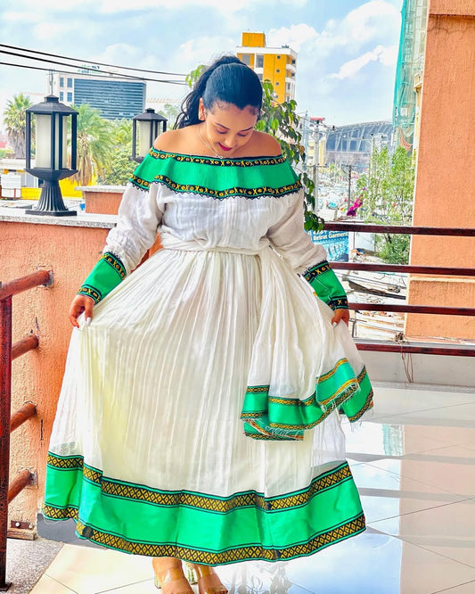 Custom Green Menen Zuria Habesha Kemis with Tilf Embroidery