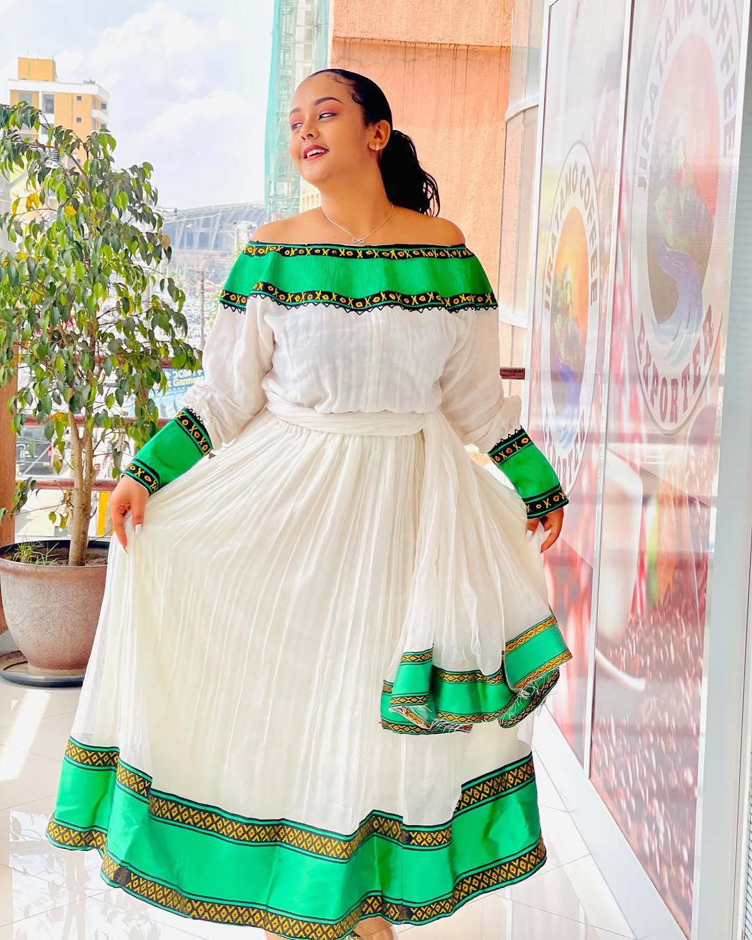 Custom Green Menen Zuria Habesha Kemis with Tilf Embroidery