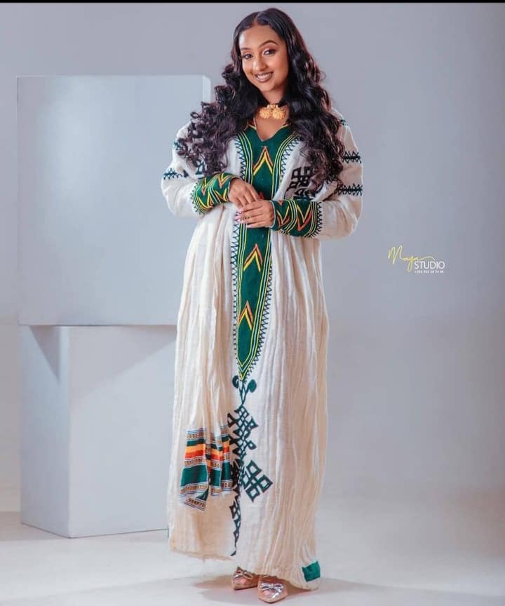 New Green Gondar Habesha Kemis with Tibeb Embroidery