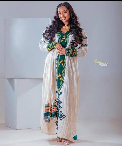 New Green Gondar Habesha Kemis with Tibeb Embroidery
