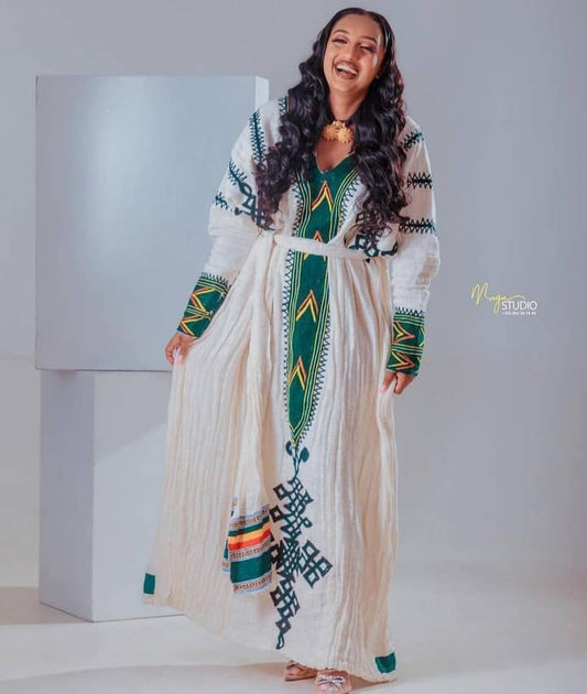 New Green Gondar Habesha Kemis with Tibeb Embroidery