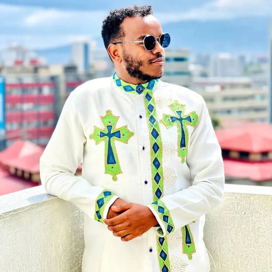 Green Habesha Men’s Shirt | Modern Ethiopian Traditional Wear