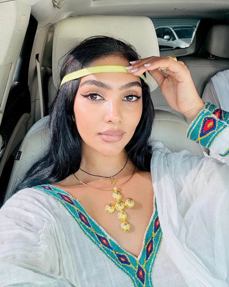 Light Blue & Green Habesha Kemis | New Handmade Ethiopian Dress