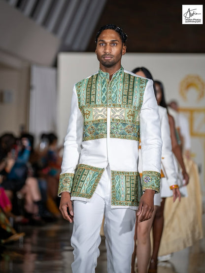 Luxury Green Geometric Habesha Men’s Shirt | Modern Ethiopian Traditional Shirt