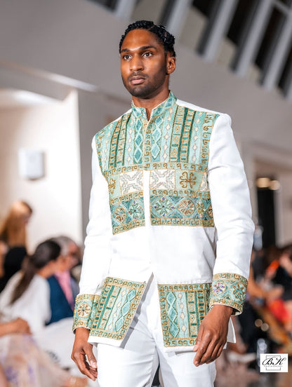 Luxury Green Geometric Habesha Men’s Shirt | Modern Ethiopian Traditional Shirt