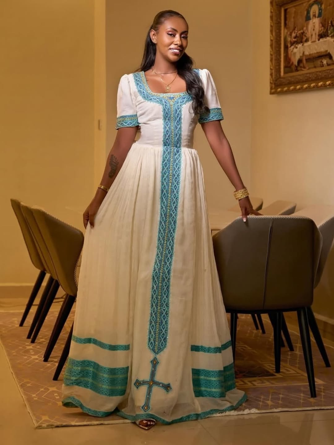 Light Blue Zuria Habesha Kemis | Modern Ethiopian Traditional Dress