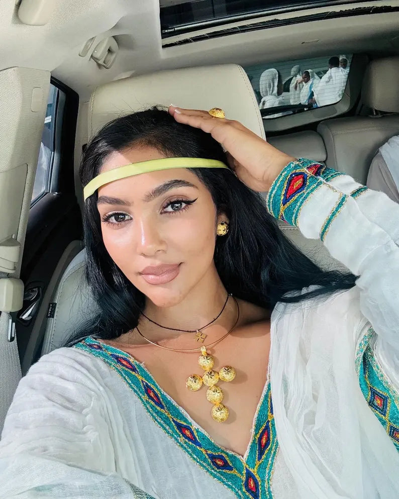 Light Blue & Green Habesha Kemis | New Handmade Ethiopian Dress