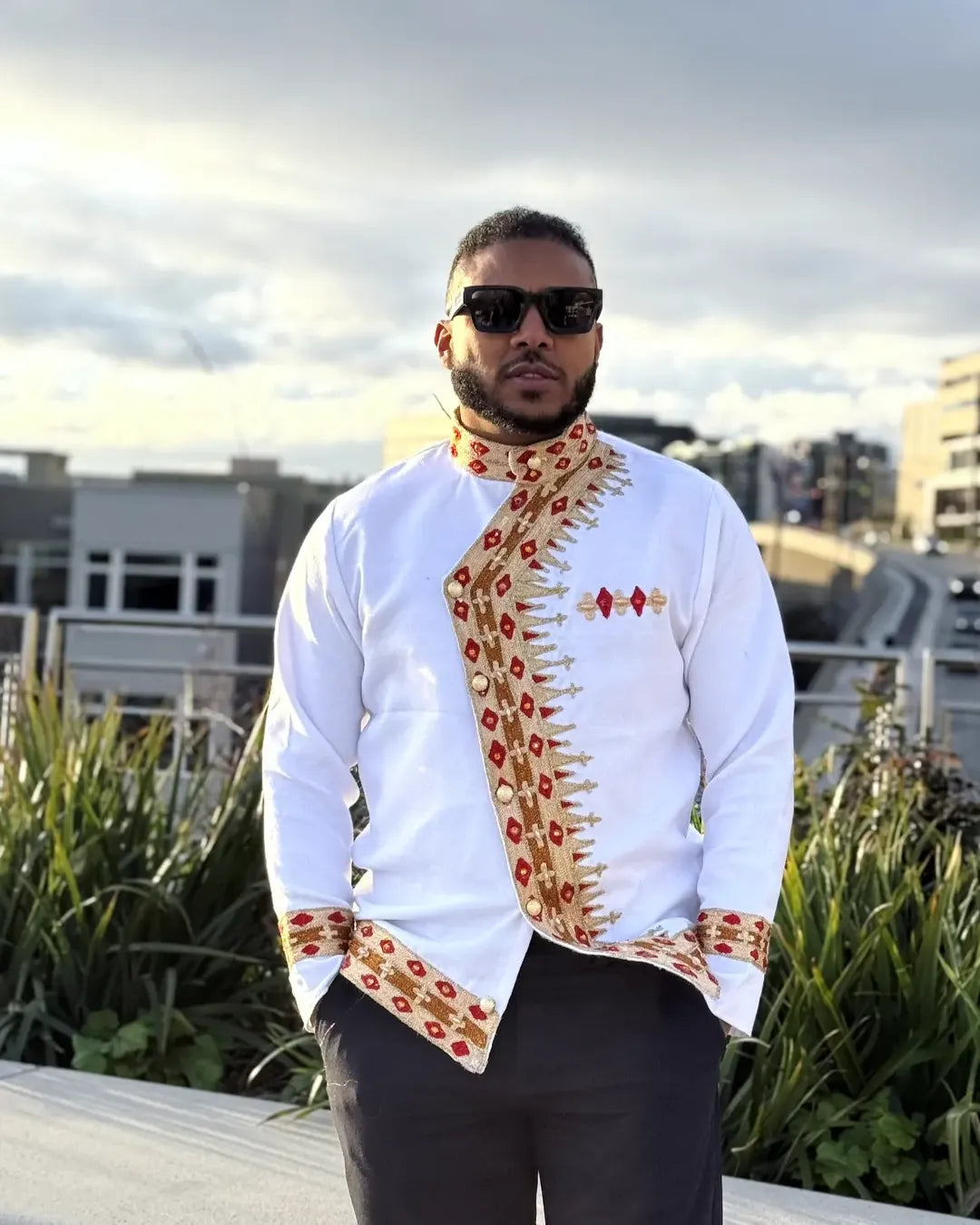 Red & Gold Habesha Men’s Shirt |Modern Ethiopian Traditional Wear ethgebya gebeya habesha usa