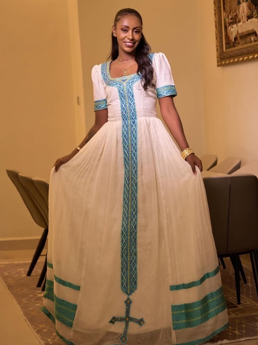 Light Blue Zuria Habesha Kemis | Modern Ethiopian Traditional Dress