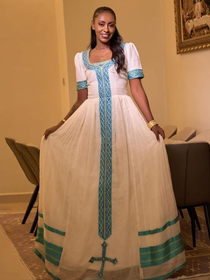 Light Blue Zuria Habesha Kemis | Modern Ethiopian Traditional Dress