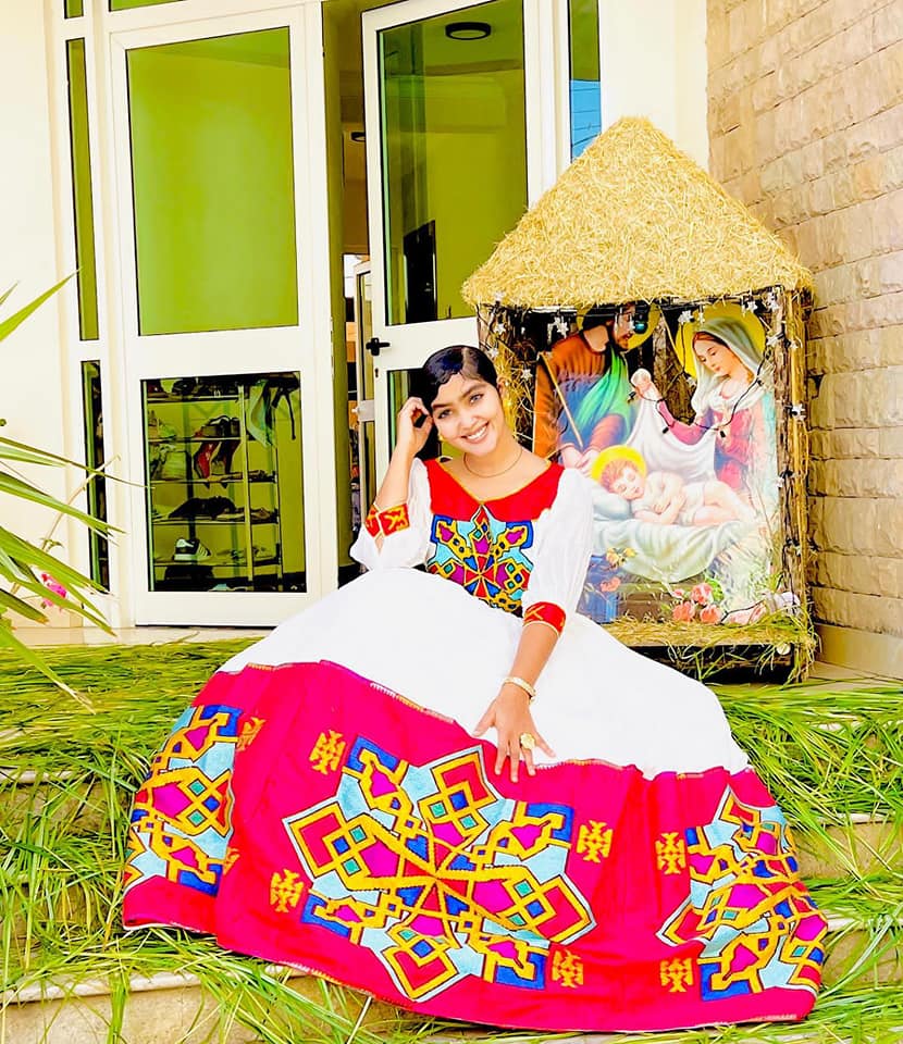 Red & Multicolor Geometric Tibeb Habesha Dress | Elegant Ethiopian Kemis