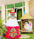 Red & Multicolor Geometric Tibeb Habesha Dress | Elegant Ethiopian Kemis