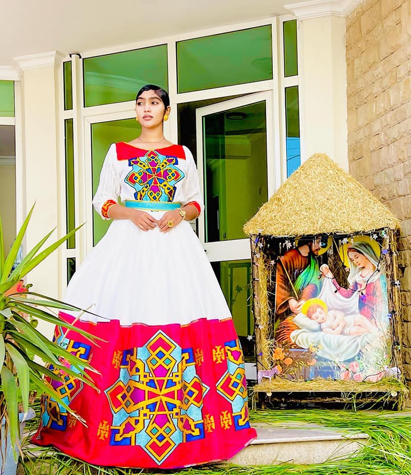 Red & Multicolor Geometric Tibeb Habesha Dress | Elegant Ethiopian Kemis