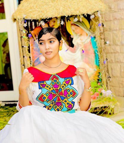 Red & Multicolor Geometric Tibeb Habesha Dress | Elegant Ethiopian Kemis