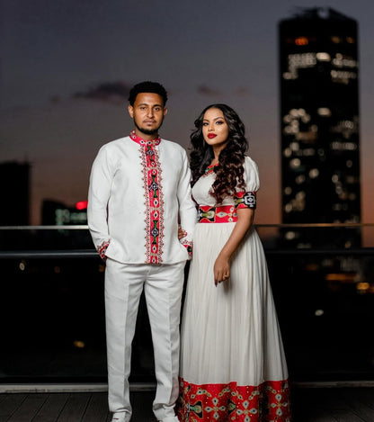 Reddish Habesha Couple Outfit | Modern Ethiopian Matching Set