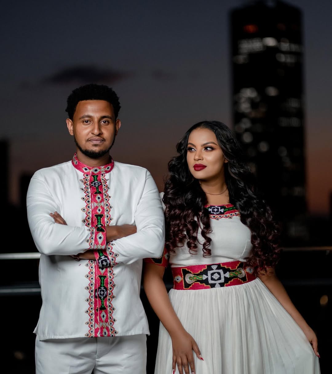 Reddish Habesha Couple Outfit | Modern Ethiopian Matching Set