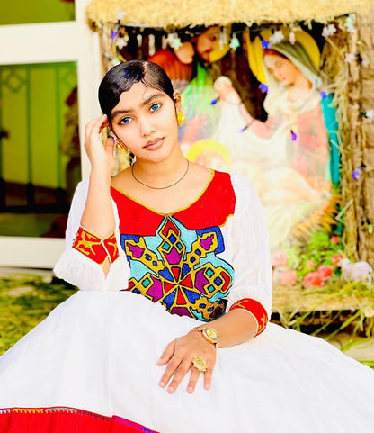 Red & Multicolor Geometric Tibeb Habesha Dress | Elegant Ethiopian Kemis