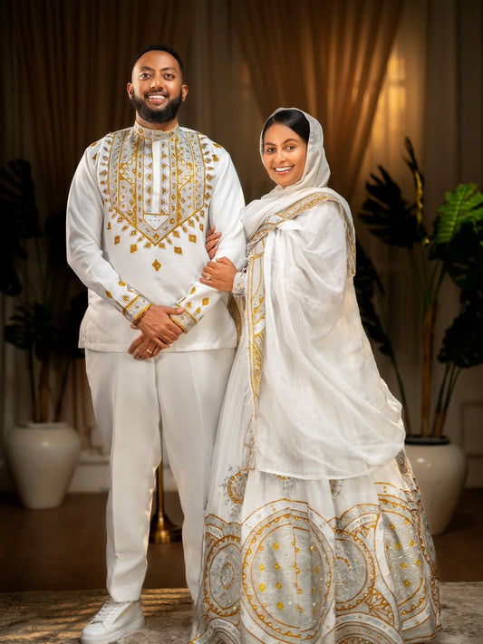 Luxury Gold Habesha Couples Outfit | Modern Ethiopian Matching Set
