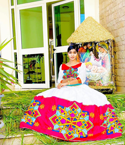 Red & Multicolor Geometric Tibeb Habesha Dress | Elegant Ethiopian Kemis