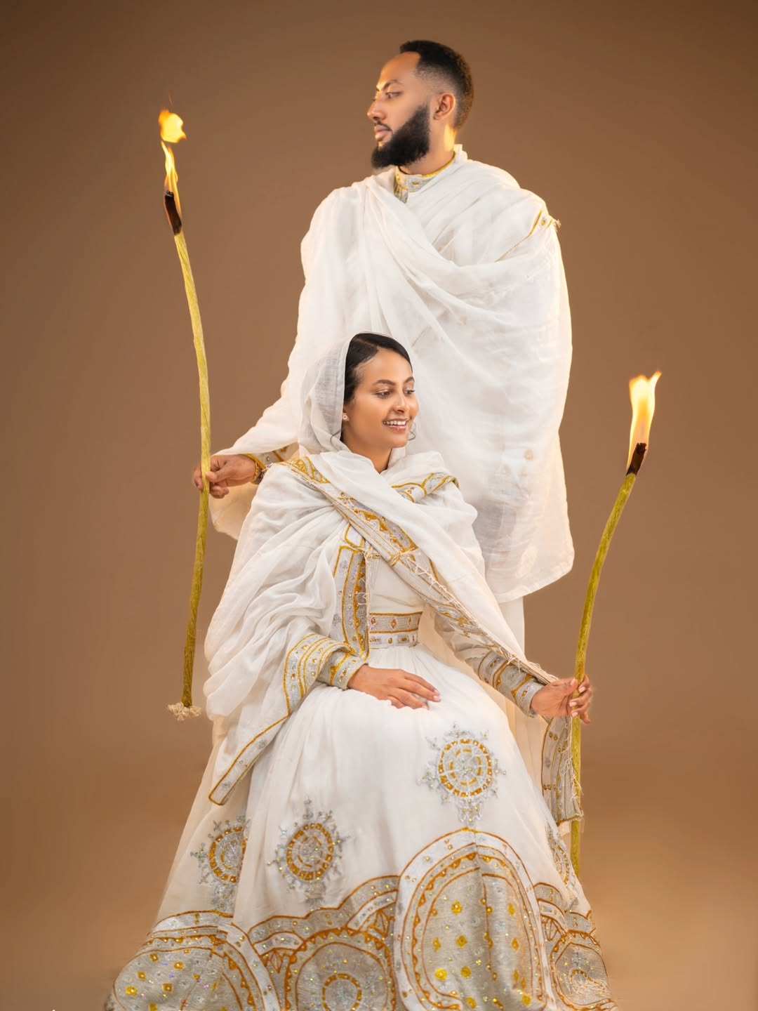 Luxury Gold Habesha Couples Outfit | Modern Ethiopian Matching Set