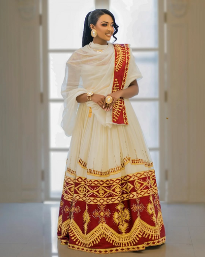 Red & Gold Habesha Kemis | Handwoven Ethiopian Eritrean Zuria