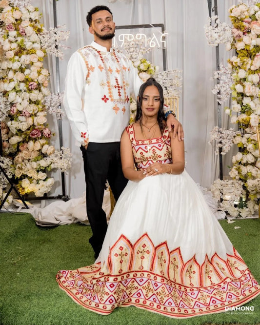 Luxury Red Habesha Couples Matching | Wedding Ethiopian Outfits