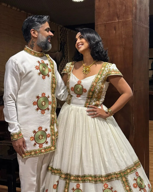 Green Multicolor Habesha Couple Set | Modern Wedding Matching Outfits