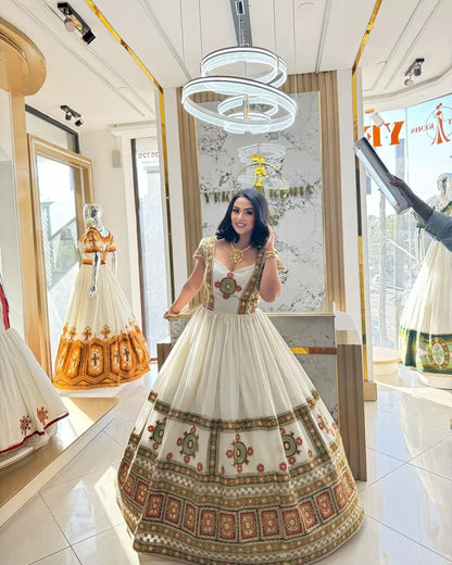 Green Multicolor Habesha Couple Set | Modern Wedding Matching Outfits