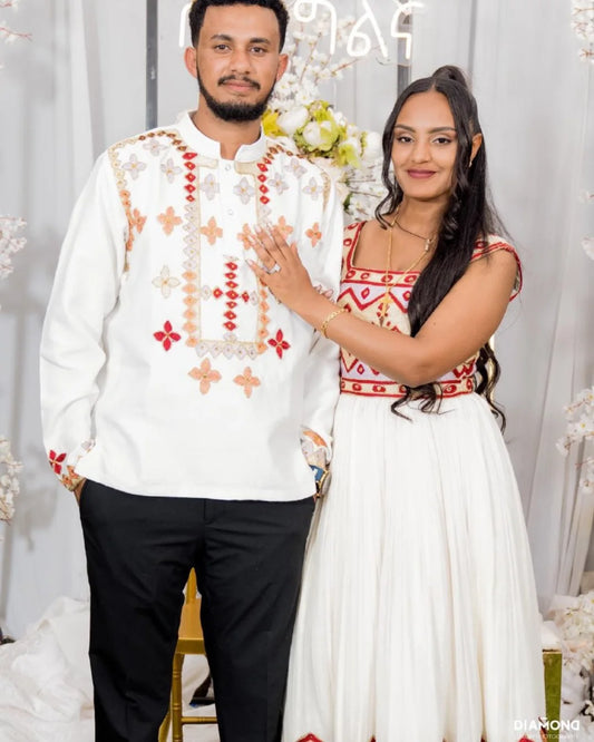 Luxury Red Habesha Couples Matching | Wedding Ethiopian Outfits