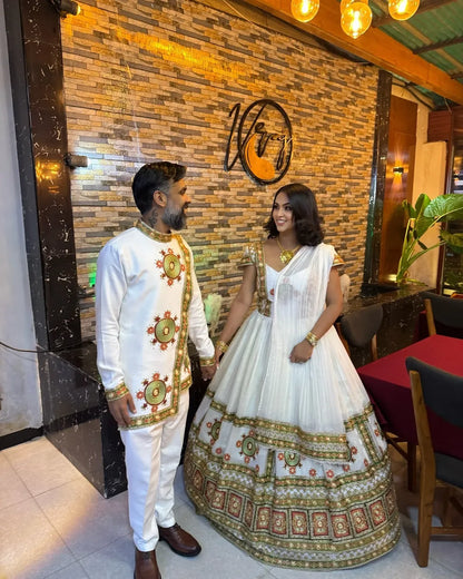 Green Multicolor Habesha Couple Set | Modern Wedding Matching Outfits