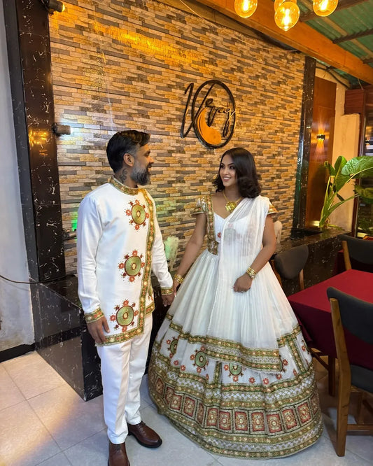 Green Multicolor Habesha Couple Set | Modern Wedding Matching Outfits