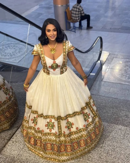 Green Multicolor Habesha Couple Set | Modern Wedding Matching Outfits