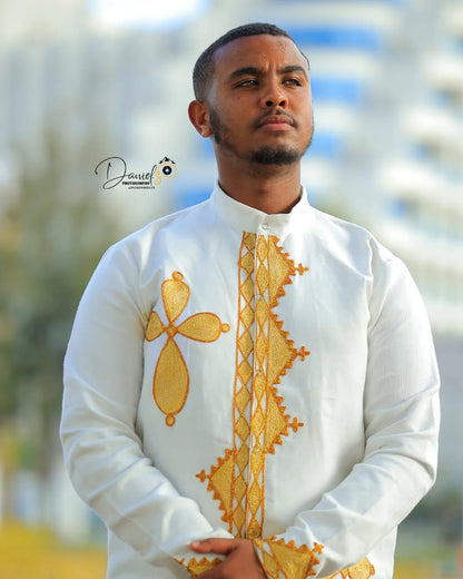 Gold Habesha Men’s Shirt | Modern Ethiopian Traditional Wear