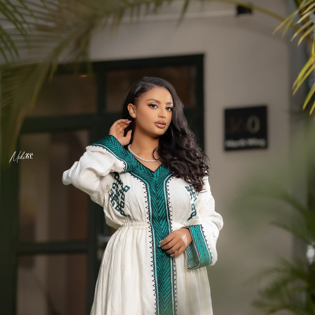 Gondar Habesha Kemis with Emerald Green Tibeb | Handwoven Ethiopian Dress